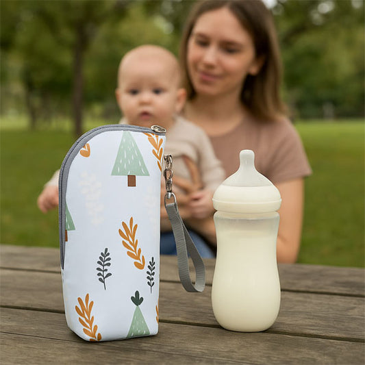 Maman et bébé au parc avec porte biberon isotherme