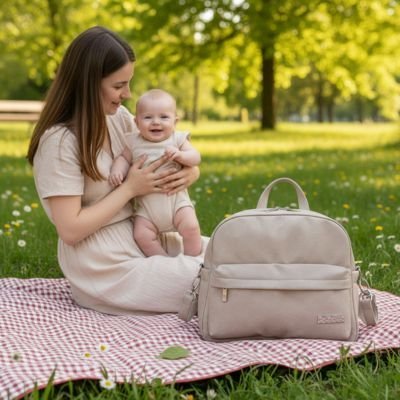 Maman et bébé au parc avec sac a langer bebe beige kaki.