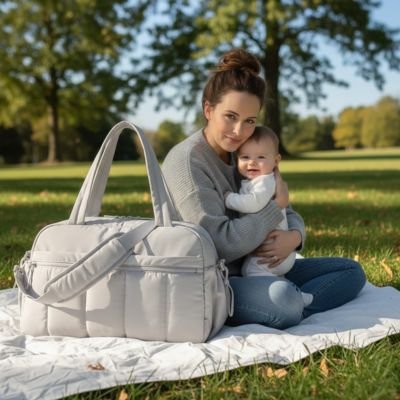 Maman et bébé au parc avec sac à langer gris perle.