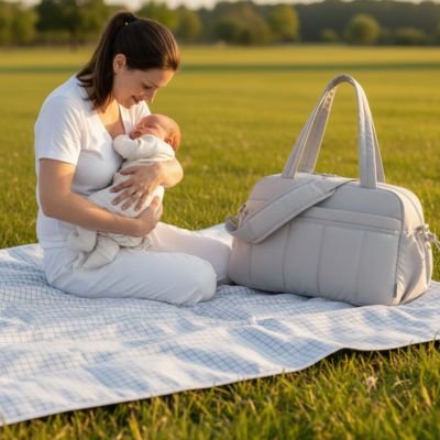 Maman et bébé au parc avec son sac à langer ivoire.
