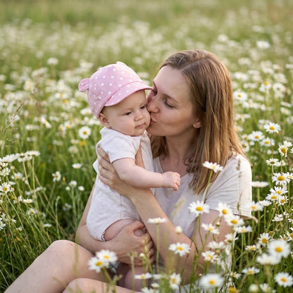 Maman et bébé avec sa casquette pour bebe rose, entourés de marguerites.