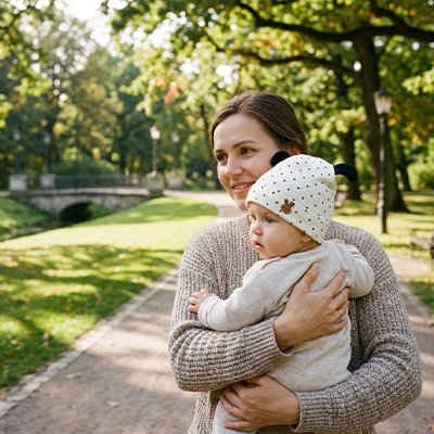 Maman et bébé en promenade et bonnet bebe écru à pois noirs.