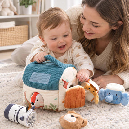 Maman et bébé jouent avec le cube d'activite bebe petite maison bleue.