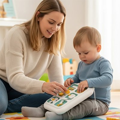 Maman et bébé qui explorent le busy board ensemble.