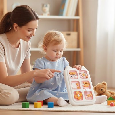 Maman et sa fille jouent avec un busy board amusant.