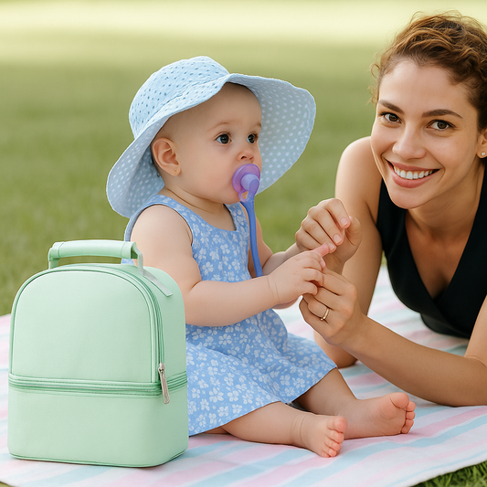Maman étendue près de sa fillette au parc et sac bebe isotherme vert.
