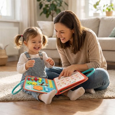 Maman joue au salon avec sa fille et un busy board bebe.