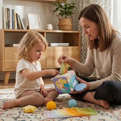 Maman joue avec sa fille et son cube d'activite bebe sirène.