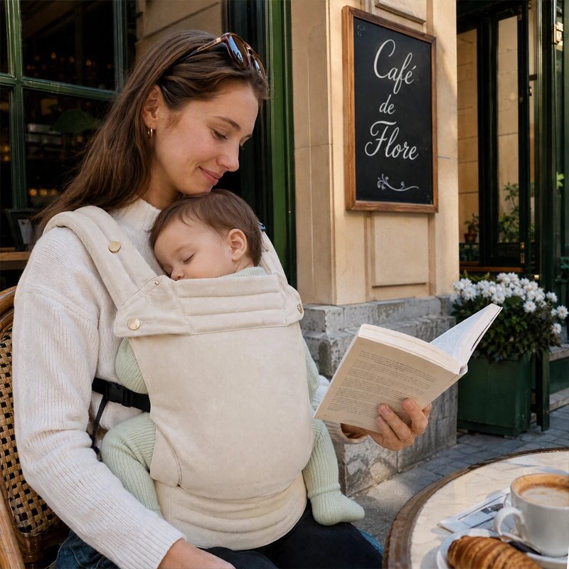 Maman lisant un livre dans un café portant son porte bebe élégant.