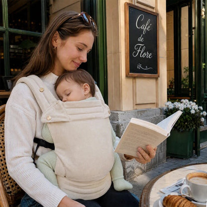 Maman lisant un livre dans un café portant son porte bebe élégant.