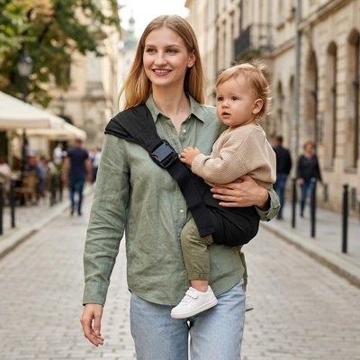 Maman marche en ville avec son porte bebe en coton noir.