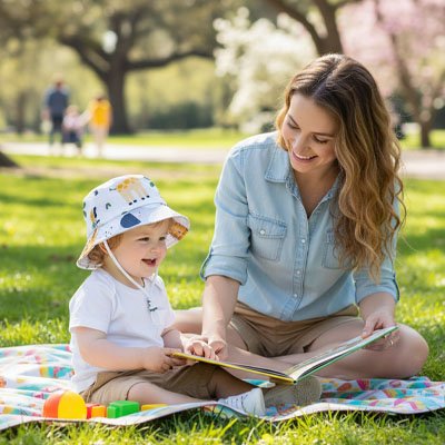 Maman montre un livre à bébé qui porte son bob bebe protecteur.