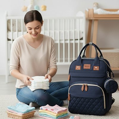 Maman pliant les vêtements de bébé et sac à dos à langer bleu marine.