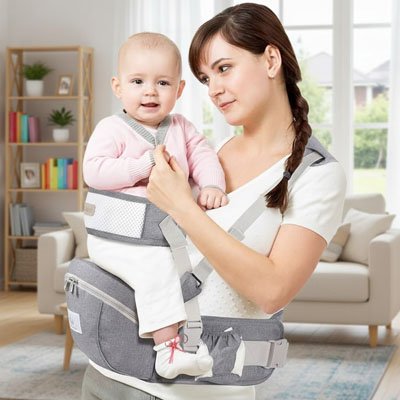 Maman portant bébé avec son porte bebe ergonomique siège latéral.
