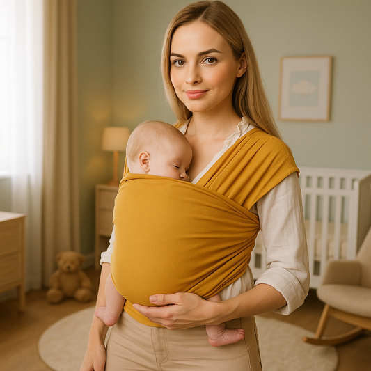 Maman portant bébé dans une écharpe de portage bébé safran
