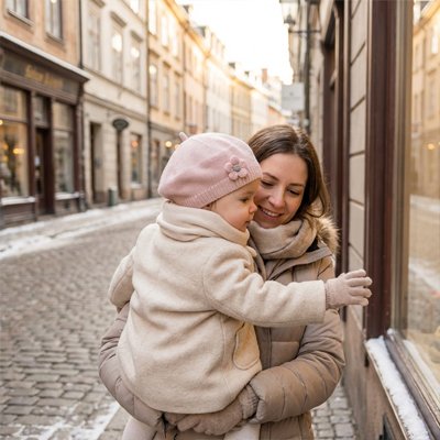 Maman portant sa fillette en ville et portant son bonnet bebe rose.