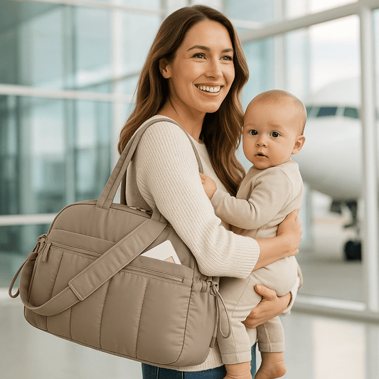 Maman portant son bébé à l'aéroport avec son sac à langer beige.