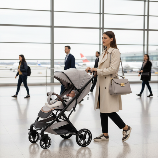 Maman avec poussette compacte et sac à langer dans un aéroport — voyage en avion avec nourrisson