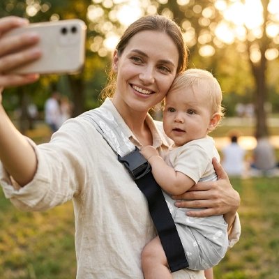 Maman prend un selfie avec bébé dans son Porte bebe gris.