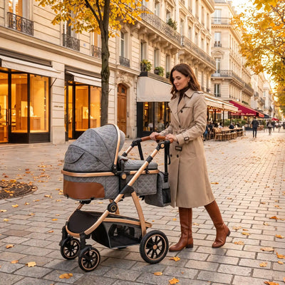 Maman en promenade en ville en automne avec sa poussette 3 en 1 gris foncé.