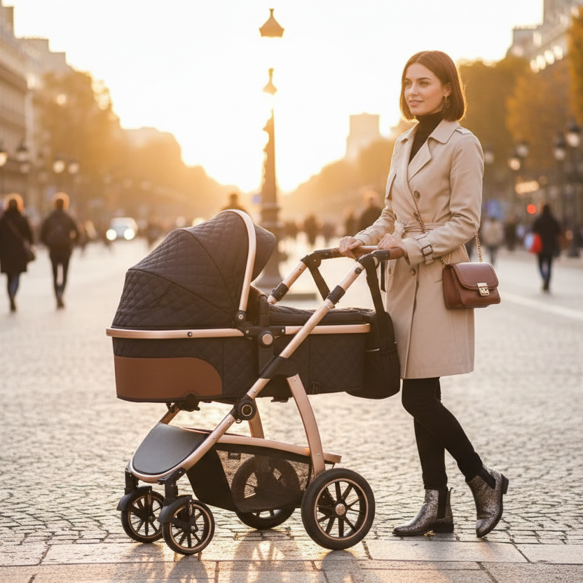 Maman en promenade en ville avec sa poussette 3 en 1 haut de gamme noire.