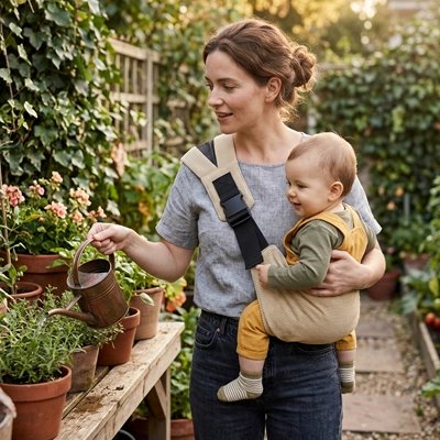 Maman qui jardine avec bébé dans son porte bébé beige.
