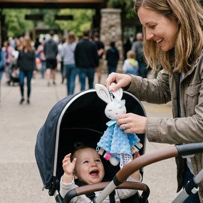 Maman qui s'apprête à accrocher un doudou lapin à la poussette.