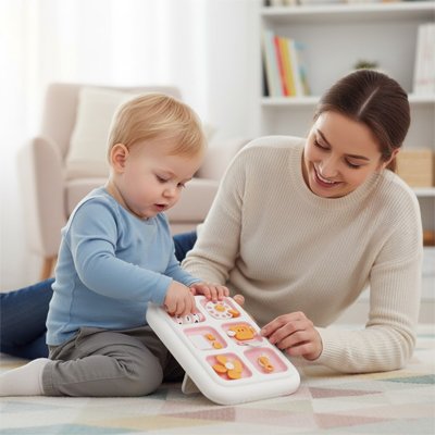 Maman regarde son bébé qui joue avec son busy board portable.