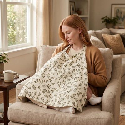Maman sur son fauteuil avec sa cape d allaitement motifs feuilles.