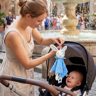 Maman suspend un doudou lapin bleu jouet de dentition à la poussette.