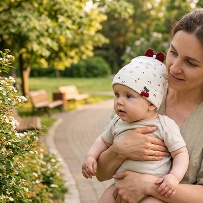 Maman tient son bébé avec son bonnet bebe motifs cerises.