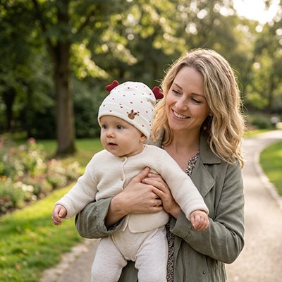 Maman tient son bébé avec son bonnet bebe aux motifs coeurs rouges.