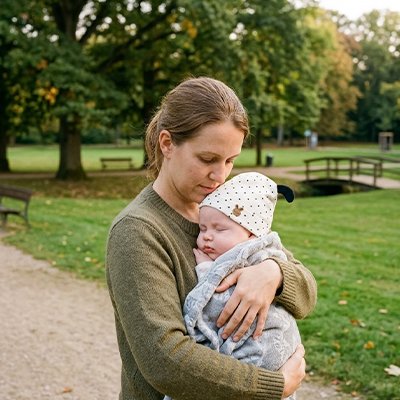Maman tient son bébé qui porte son bonnet bebe à pois noirs.