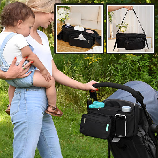 Maman transportant enfant et sac a langer bebe accroché sur poussette