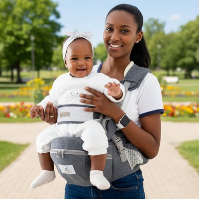 Maman transportant son bébé assis sur Porte bebe ergonomique de taille.