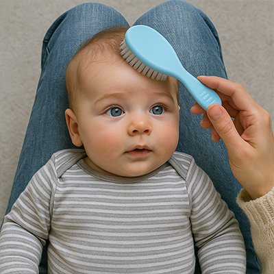 Maman utilise la brosse à cheveux de sa trousse de toilette bebe.