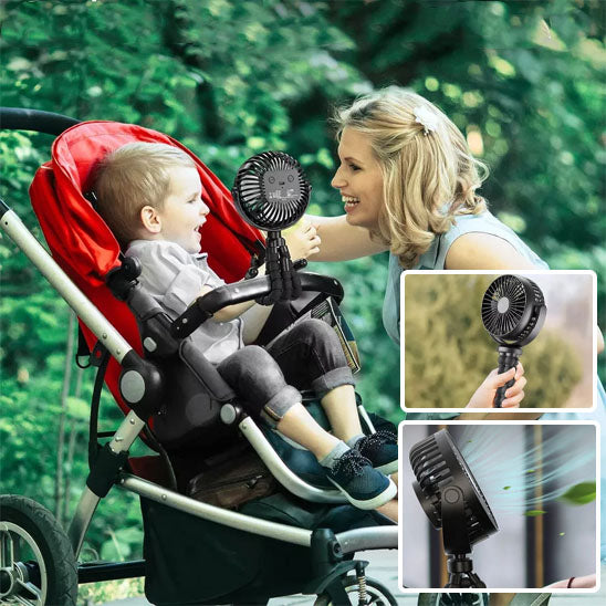 Mère et fils en promenade poussette avec mini ventilateur