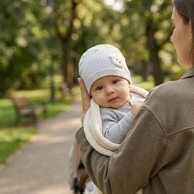 Mignon bonnet bébé bleu avec applique ourson.