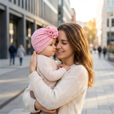 Mignonne petite fille avec turban bebe fille rose.