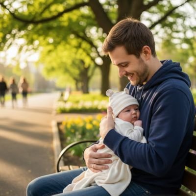Papa au parc avec son nouveau-né et son bonnet bebe délicat.