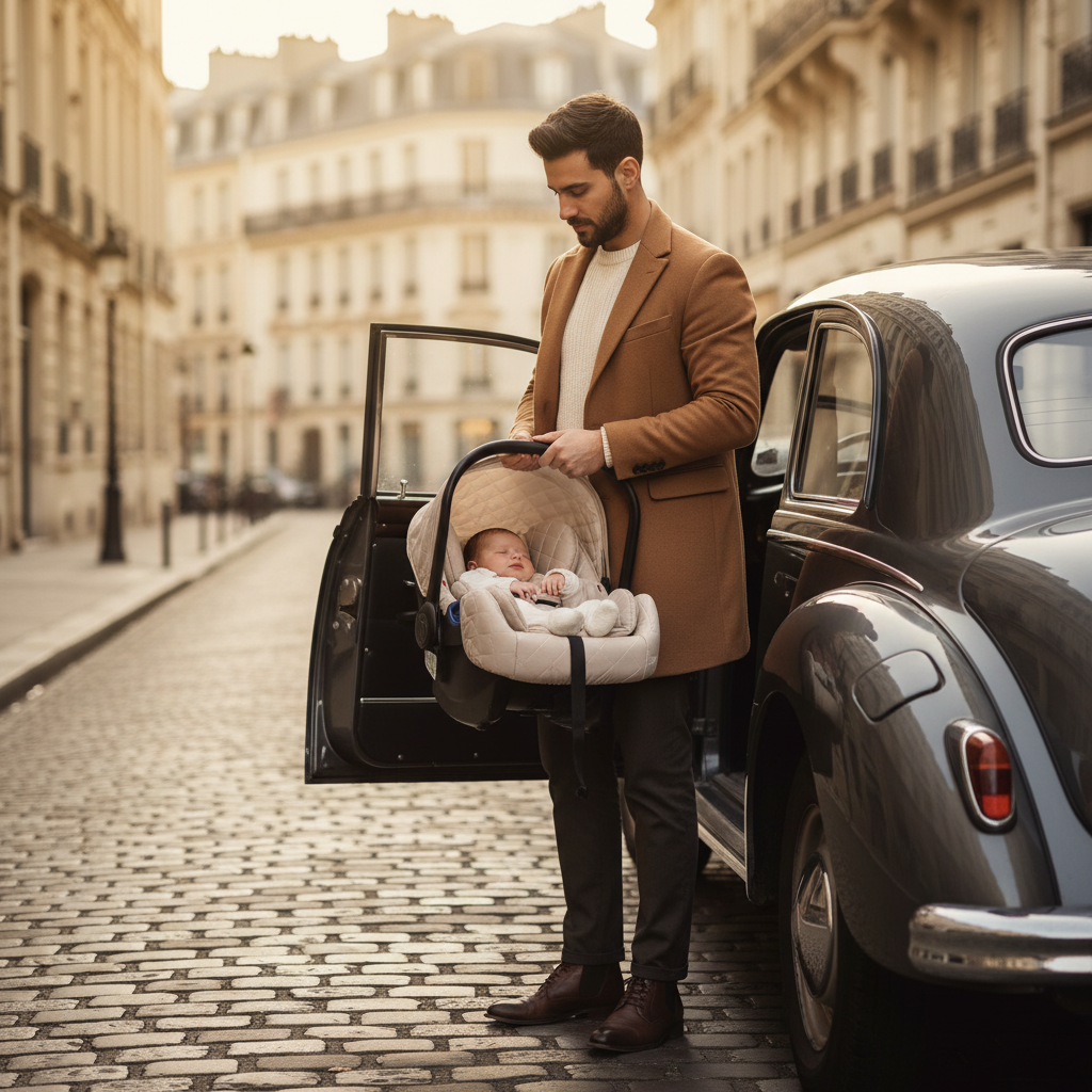 Papa avec bébé dans le siège auto de la poussette 3 en 1 ivoire.
