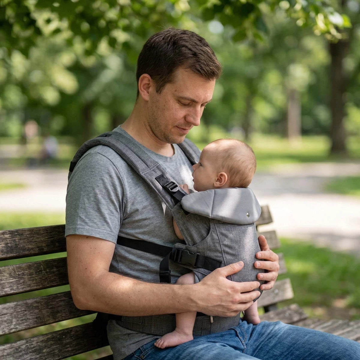 Papa sur un banc de parc avec un porte bébé évolutif gris clair.
