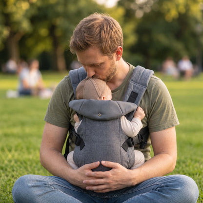 Papa embrasse son bébé dans un porte bebe evolutif gris pâle.
