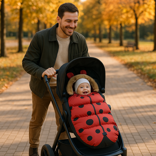 Papa en promenade avec bébé dans une chancelière bébé coccinelle.