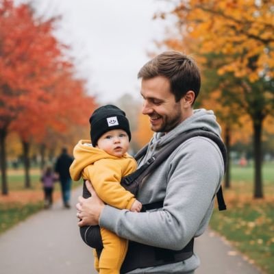 Papa en promenade avec bébé portant son bonnet bebe noir.
