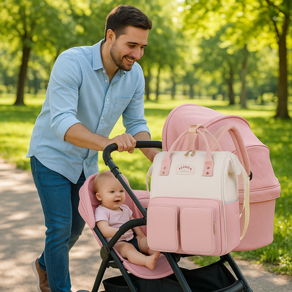 Papa en promenade avec sa fille dans la poussette et sac a langer rose