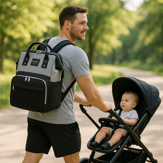 Papa en promenade avec son bébé et son sac à langer grande capacité.