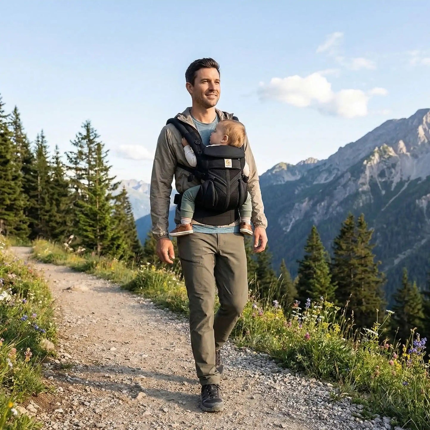 Papa en promenade dans un sentier avec son porte bebe evolutif noir.