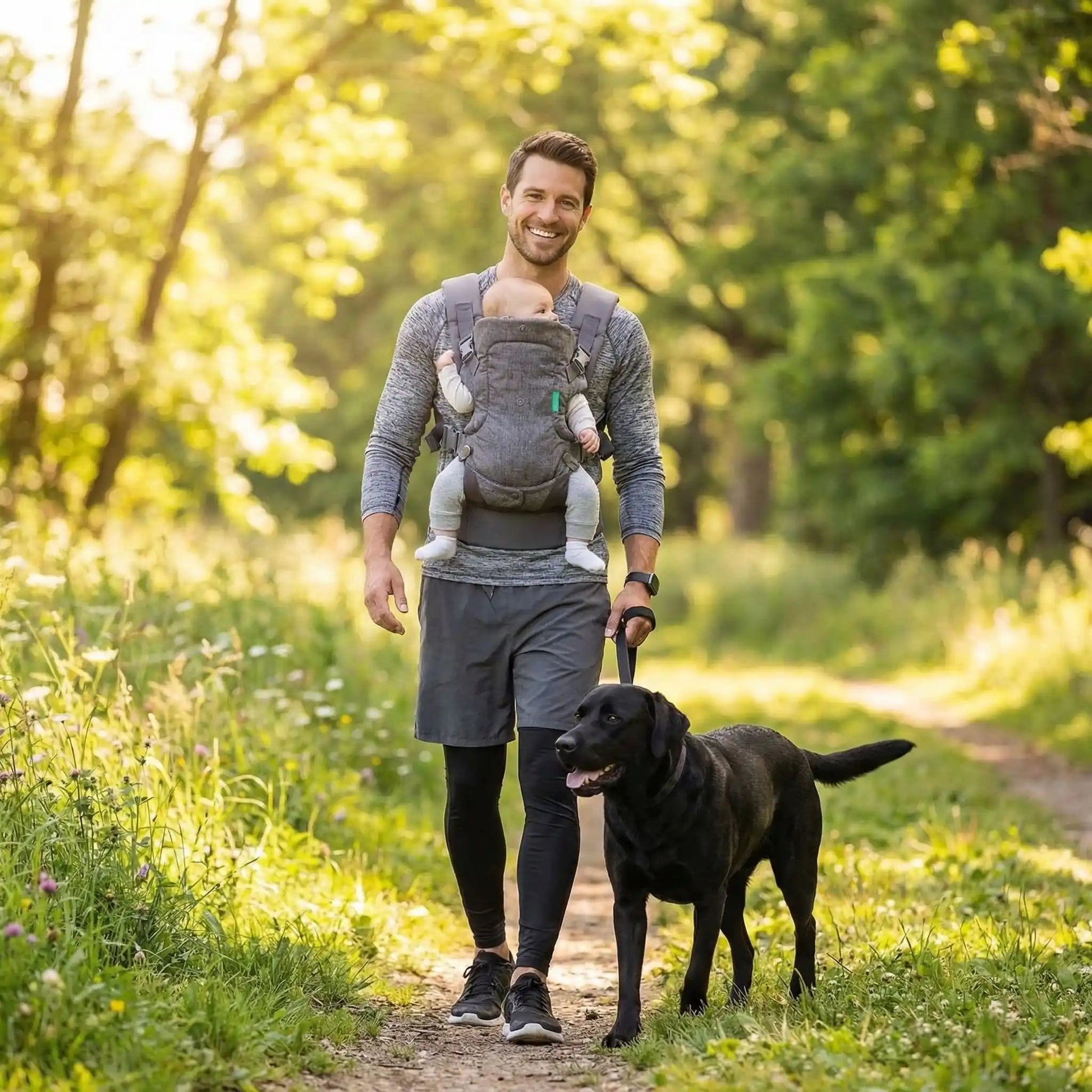 Papa en randonnée avec son Labrador et son porte bebe ergonomique.