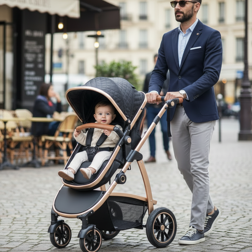 Papa et bébé en promenade avec la poussette 3 en 1 premium noire.